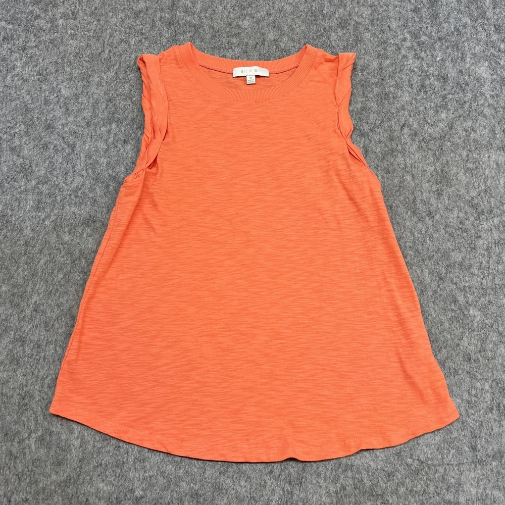Eri‎ + Ali Shirt Womens M Orange Ruffle Sleeve Crew Neck Slub Knit Tank Top Prep